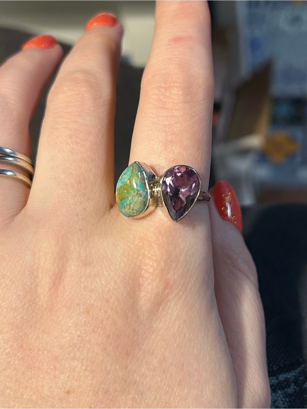 Sterling Silver Teardrop Turquoise & Amethyst Ring - Purple & Green